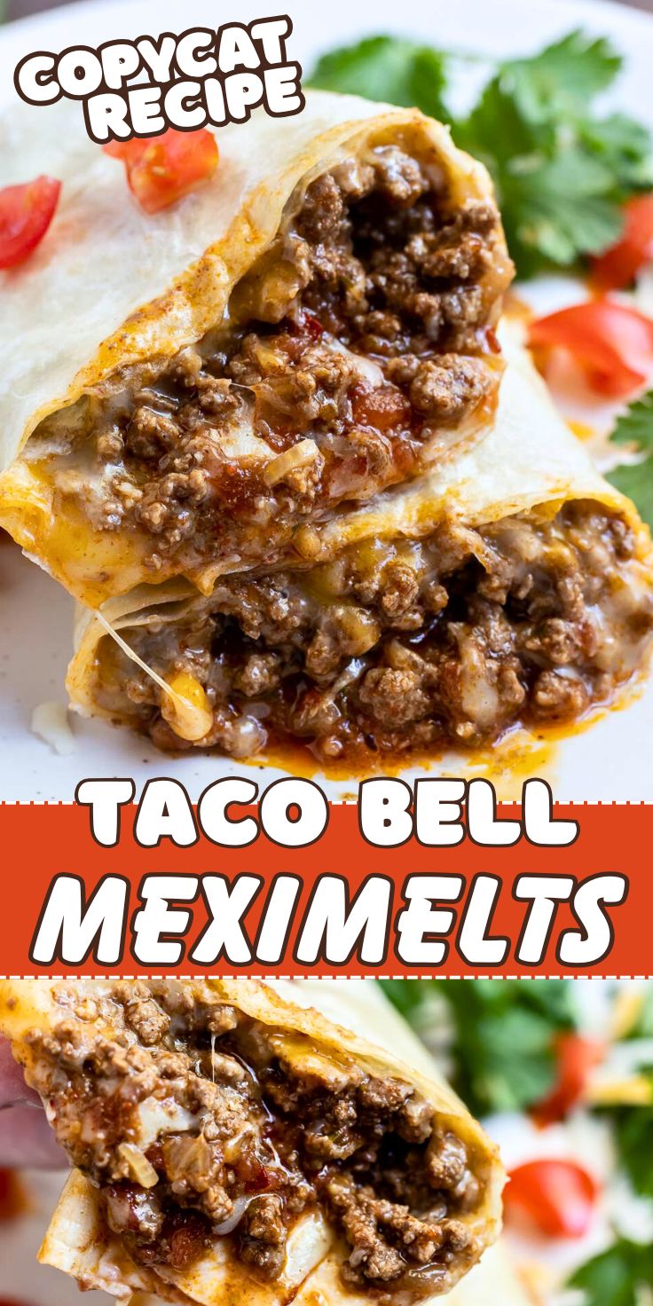Meximelts are my guilty pleasure. This Beef Meximelt Recipe (inspired by Taco Bell) is super easy, unbelievably delicious and so much better than the drive-thru. Make a copycat version of your fast food favorite at home for an awesome lunch or dinner. copycat beef meximelts pinnable image