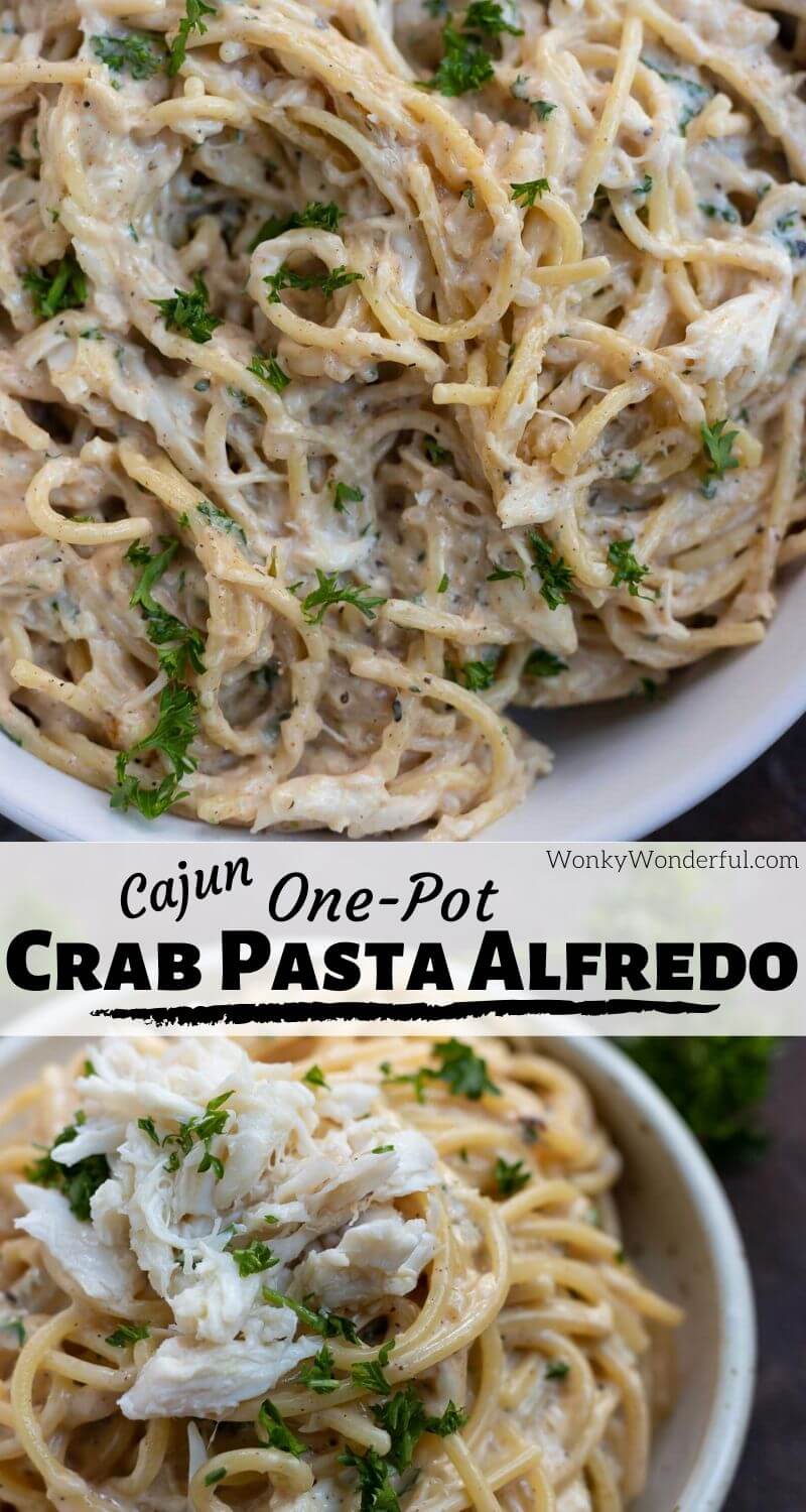 Enjoy a seafood pasta with southern flair. This Cajun Crab Pasta Alfredo Recipe is a super quick and easy dinner idea. This One-Pot Pasta will be a new favorite. #alfredorecipes #seafoodalfredo #crabalfredo #crabpastarecipes #crabrecipes #dinnerrecipes #onepotmeals #easydinnerrecipes
