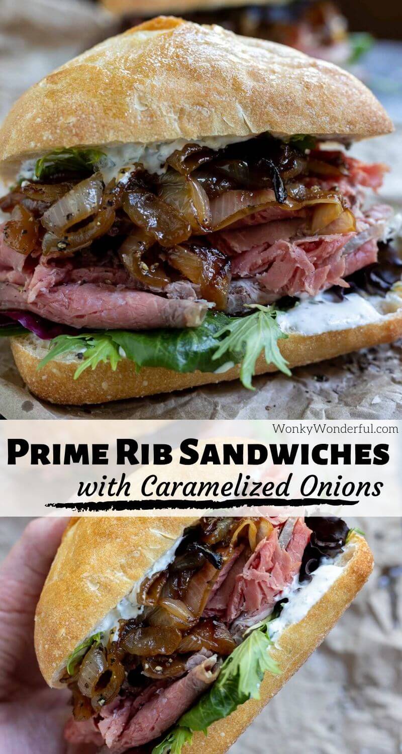 So you made a prime rib roast and are lucky enough to have leftovers, make this Leftover Prime Rib Sandwich Recipe. Thinly sliced prime rib, horseradish mayo, caramelized onions and fresh greens make this the ultimate sandwich experience. Great for lunch or dinner. #primeribrecipes #sandwichrecipes #primerib #lunchrecipes #dinnerrecipes