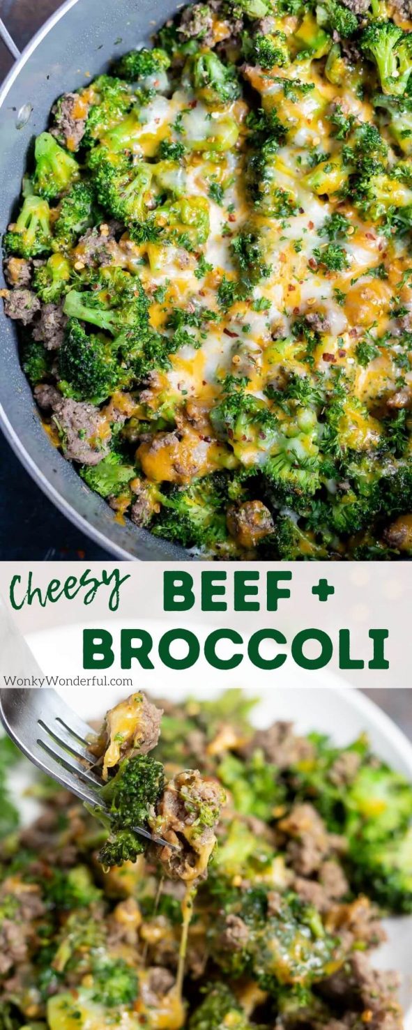 This Low Carb Cheesy Ground Beef and Broccoli Recipe takes less than 30 minutes to make, tastes fantastic and is Keto friendly. This is a great low carb dinner or lunch and reheats well for meal prep. #lowcarbrecipes #beefandbroccoli #ketorecipes #easydinnerrecipes #30minutemeals beef and broccoli pinnable image with title text