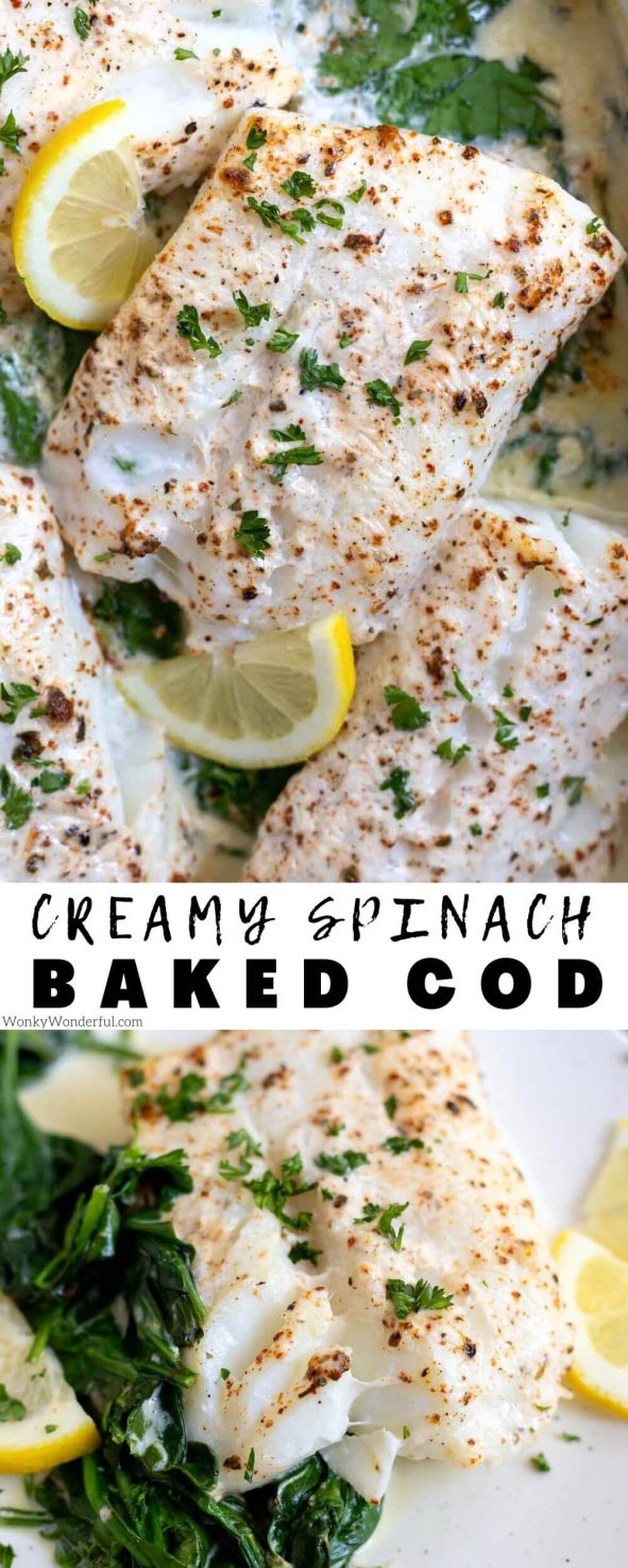 Dinner is easy with this Low Carb Baked Cod Fish in Cream and Spinach. Cod fillets coated in cream then baked to perfection. Served cod topped with cream sauce and spinach for a Keto friendly meal. #lowcarbrecipes #ketorecipes #ketodinnerideas #lowcarbdinnerideas #bakedcodrecipes creamed spinach baked cod fish pinnable image with title text