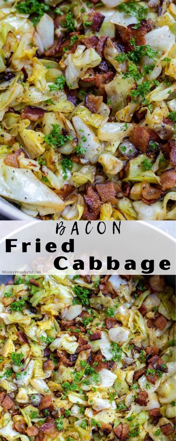 fried cabbage recipe pinnable image with title text