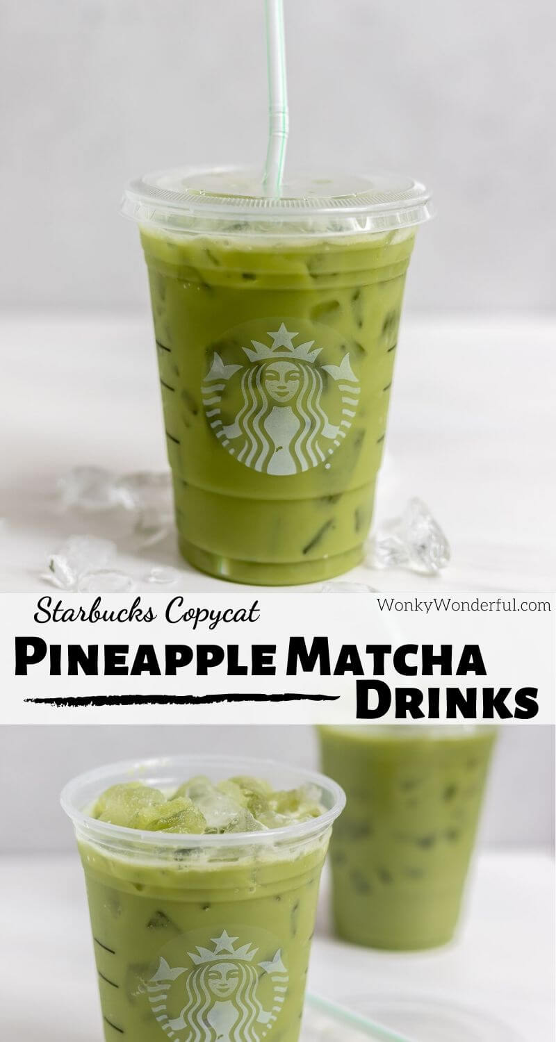 Inspired by the new Starbucks drink, this Iced Pineapple Matcha Latte Drink Recipe is a refreshing and energizing beverage. A blend of matcha green tea, pineapple, ginger and coconut milk make this Starbucks Copycat perfect for the warmer months. #matchalatte #matcharecipes #starbucksdrinkrecipes #starbuckscopycat #greentealatte #dairyfreerecipes