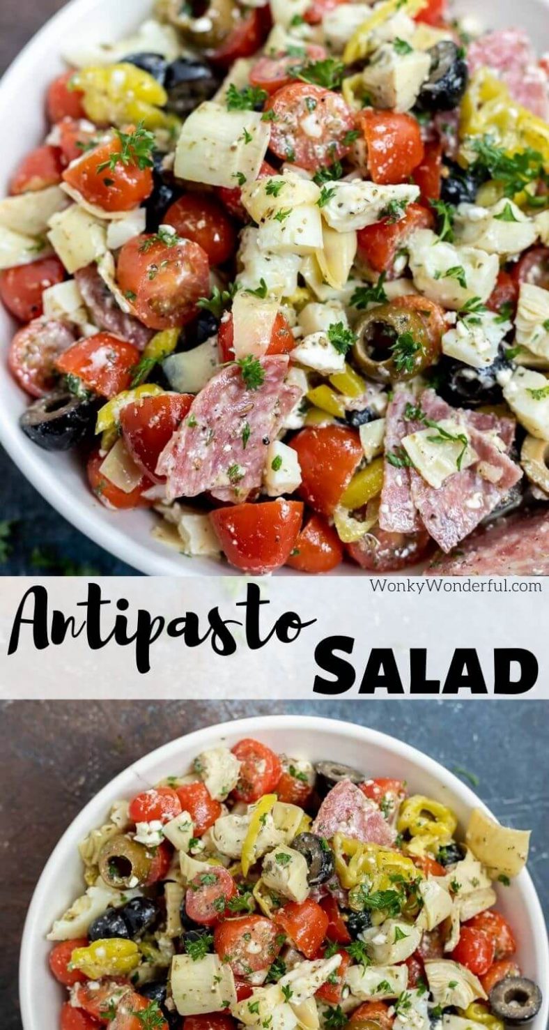 antipasto salad pinnable image with title text