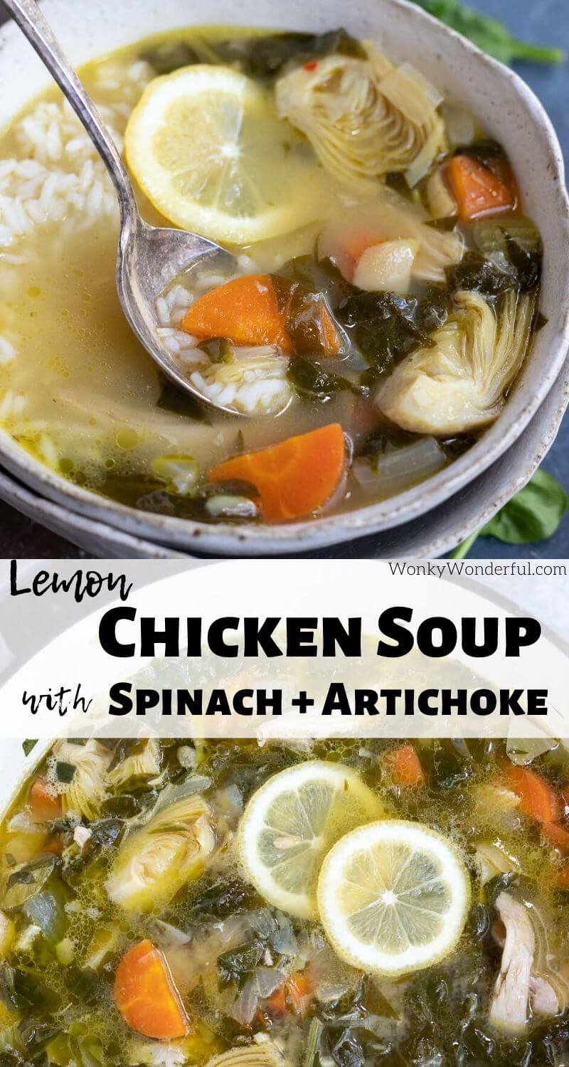 Chicken soup gets a twist with this Artichoke Spinach Chicken Soup. This tangy Lemon Chicken Soup recipe is filled with healthy vegetables and loaded with flavor for a nutritious dinner. Serve with rice, noodles or as is for a low carb option. #chickensouprecipes #souprecipes #spinachartichoke #healthyrecipes artichoke spinach chicken soup photo collage