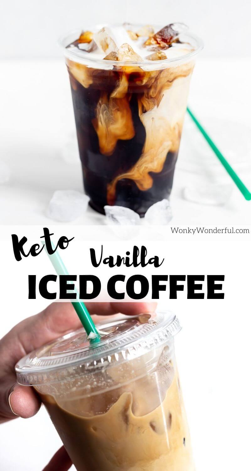 Homemade Keto Iced Coffee is so easy and tastes fantastic! Skip the Starbucks drive-thru and make your low carb coffee at home with cold brew coffee, Keto friendly sweetener, vanilla extract and heavy cream. #ketocoffee #icedcoffee #coffeerecipes #lowcarbrecipes #ketorecipes #lowcarb #keto keto iced coffee pinnable image with title text