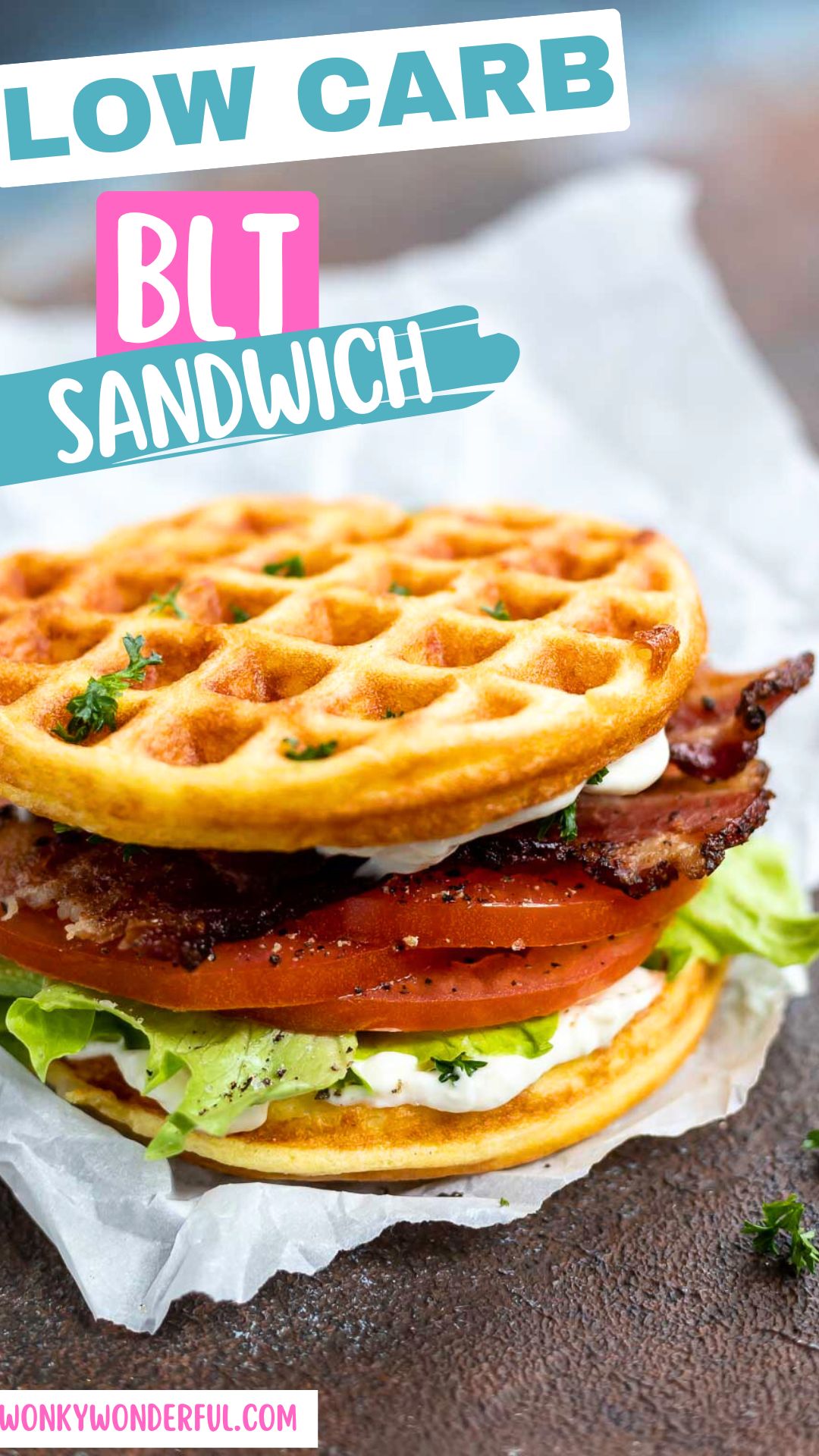 Living low carb and missing your favorite sandwich? This Low Carb BLT Sandwich is amazing, better than a traditional bacon lettuce and tomato sandwich. Bacon, tomato and lettuce sandwiched between two Chaffles for the perfect low carb Keto lunch or dinner. blt sandwich pinnable image