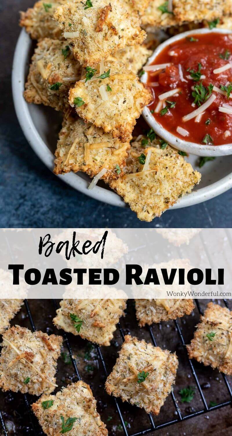 This Baked Toasted Ravioli Recipe is great for an appetizer or snack. Store bought ravioli lightly breaded then oven baked to crisp perfection. #toastedravioli #appetizerrecipes #raviolirecipes #snackrecipes baked toasted ravioli recipe pinnable photo collage with recipe title text