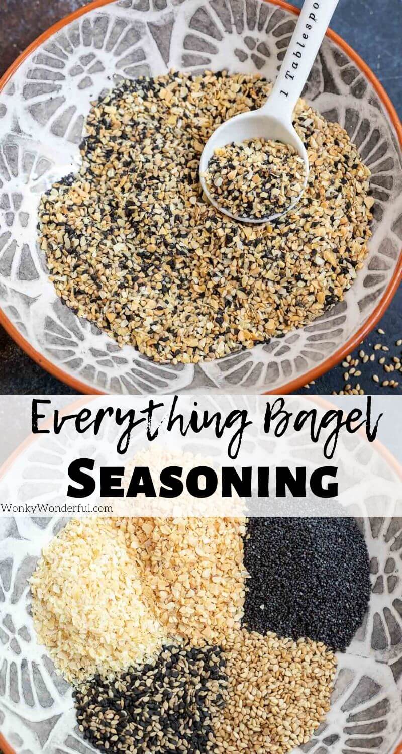 Make homemade Everything But The Bagel Seasoning so that you always have it on hand. This Everything Bagel Seasoning Recipe is inspired by the Trader Joe's seasoning and taste fantastic on so many dishes. #everthingbagel #diyseasoning #seasoningrecipes #everythingbagelseasoning everything bagel seasoning pinnable photo collage with recipe title text