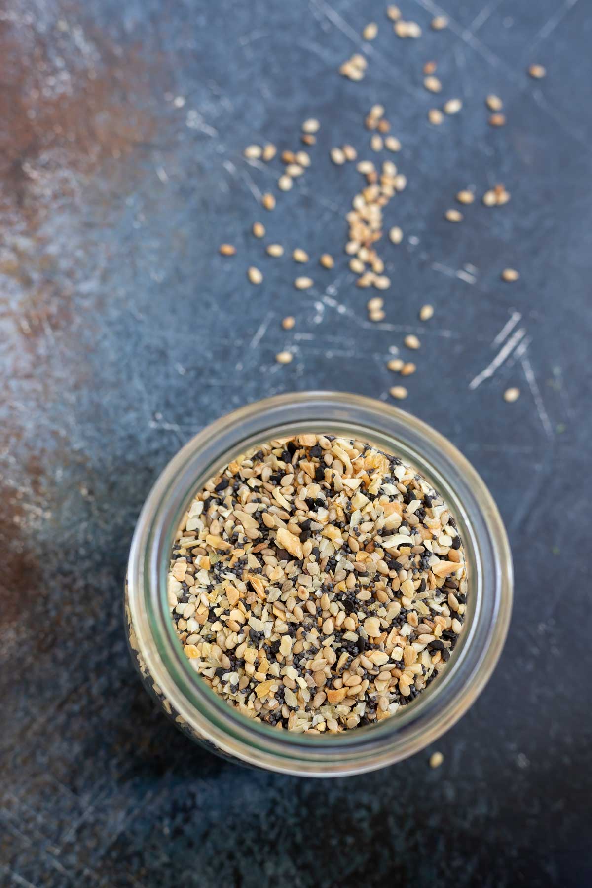 top view of clear glass jar filled with seasoning