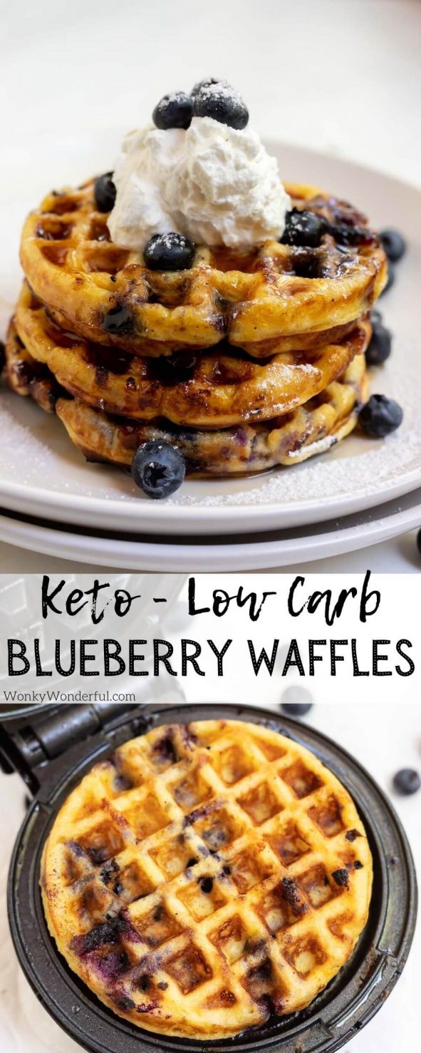 keto blueberry waffles pinnable image with title text