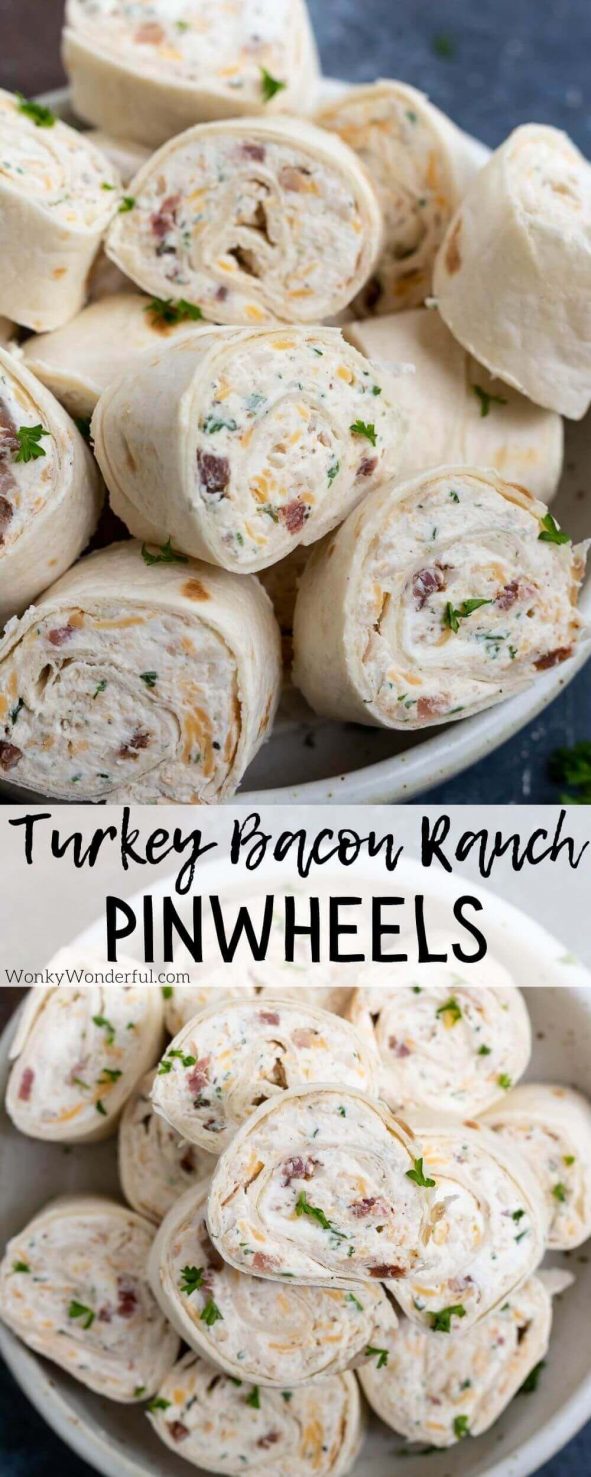 Turkey Bacon Ranch Cream Cheese Pinwheels are great for lunch, snack, holiday appetizer, game day or party food. Perfect for using up leftover Thanksgiving turkey, these Turkey Pinwheels can easily be made low carb too. #appetizerrecipes #snackrecipes #holidayrecipes #partyrecipes #lunchrecipes #leftoverturkeyrecipes turkey bacon ranch pinwheels pinnable image with title text
