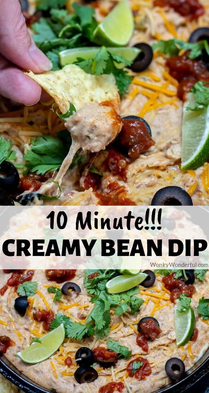 This Homemade Cream Cheese Bean Dip Recipe is so easy. A creamy hot bean dip made with refried beans, cream cheese and sour cream that takes only 10 minutes to prepare. Sure to be your new favorite appetizer or snack for parties, game day and holidays. #beandiprecipes #appetizerrecipes #snackrecipes #diprecipes #gamedayrecipes #partyrecipes 10 Minute Creamy Bean Dip pinnable photo collage with recipe title text