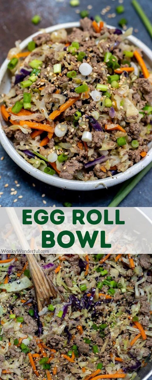 For a low carb lunch or dinner make this Keto Egg Roll Bowl Recipe. Basically the tasty egg roll filling without the carbs. This egg roll in a bowl is great for meal prepping too. #eggrollbowl #lowcarbrecipes #ketorecipes egg roll bowl pinnable image with title text