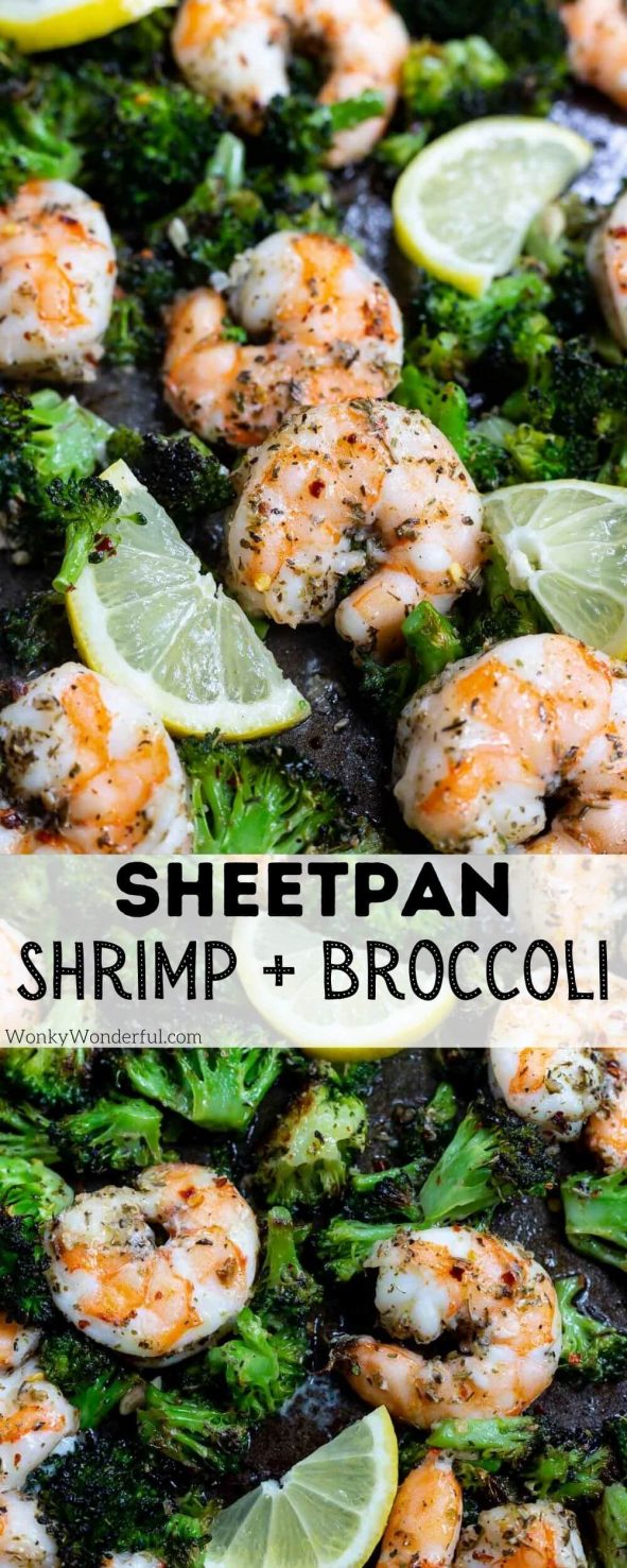 sheet pan shrimp and broccoli pinnable image with title text