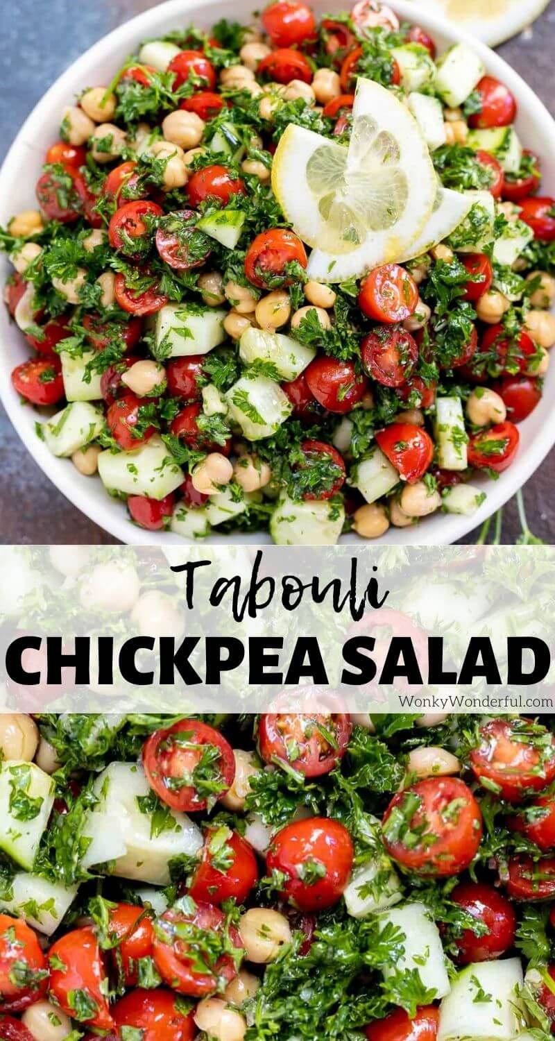 Make this fresh Tabouli Chick Pea Salad Recipe for a super healthy side dish or main course. Garbonzo bean salad with the flavors of tabouli salad are blended to make this fantastic protein-packed vegan salad that is gluten free and grain free. #chickpeasalad #glutenfreerecipe #grainfreesalad #veganrecipe #vegan #garbonzobeansalad #taboulisalad Tabouli Chick Pea Salad Recipe pinnable photo collage with recipe title text
