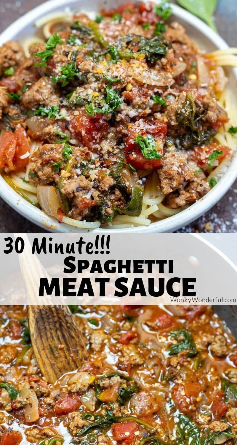 This Spaghetti Meat Sauce with Spinach Recipe is a super quick and easy homemade spaghetti sauce that is full of flavor. A meaty nutritious pasta sauce that can be made in 30 minutes, perfect for a weeknight dinner! #spaghettirecipes #pastarecipes #easydinnerrecipes #easydinnerideas #meatsaucerecipes #spinachrecipes Spaghetti Meat Sauce with Spinach pinnable photo collage with recipe title text