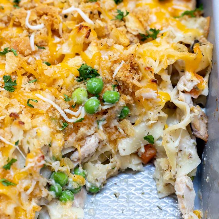 metal pan with portion of casserole missing