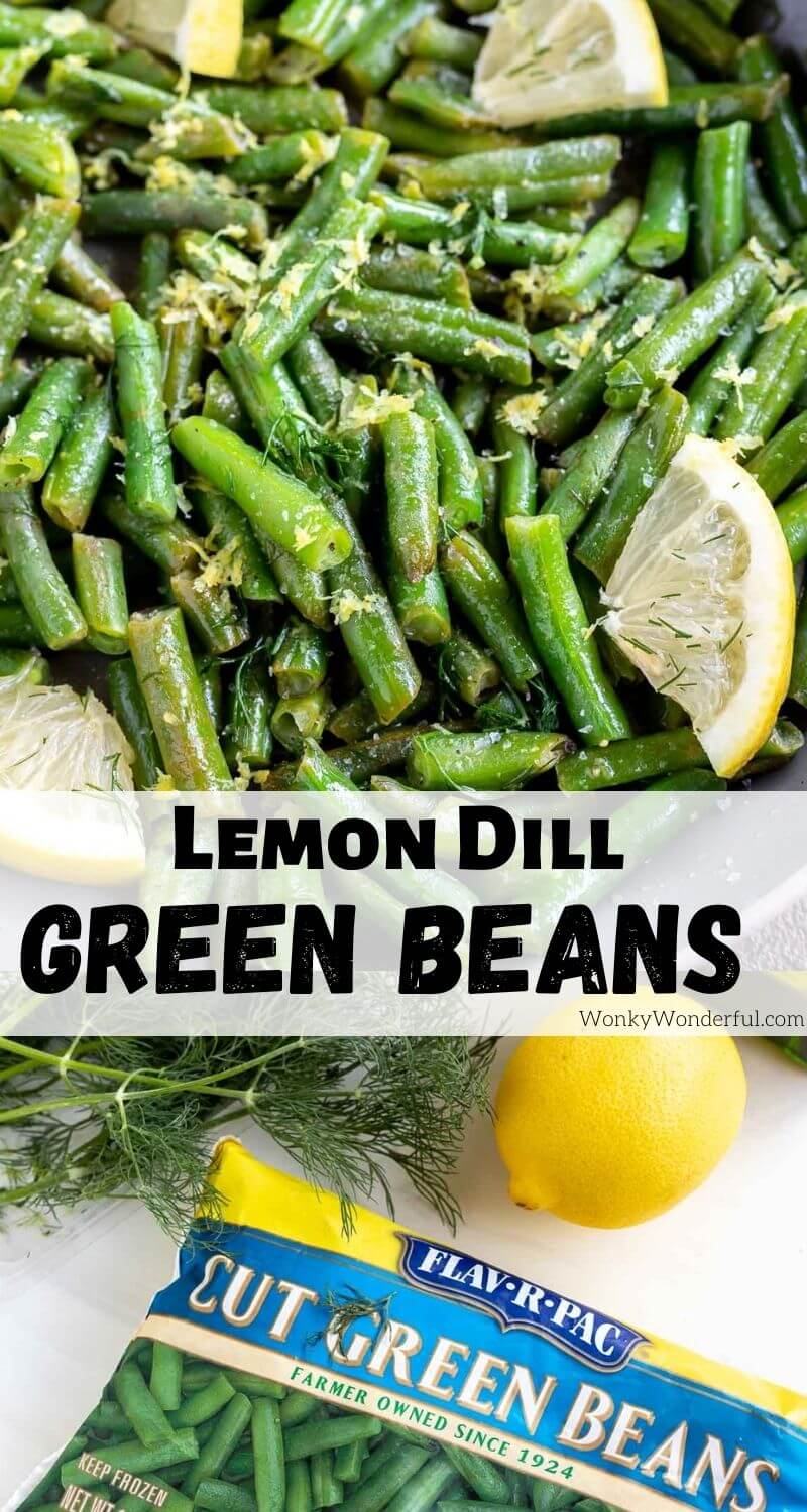 These Dill Lemon Green Beans are a quick and simple vegan side dish recipe for dinner or holiday meals. Cooking frozen green beans this way is flavorful and inexpensive. #sidedishrecipes #greenbeanrecipes #sidedishes #holidayrecipes #healthyrecipes #veganrecipes #vegansidedishes dill lemon green beans pinnable photo collage with recipe title text