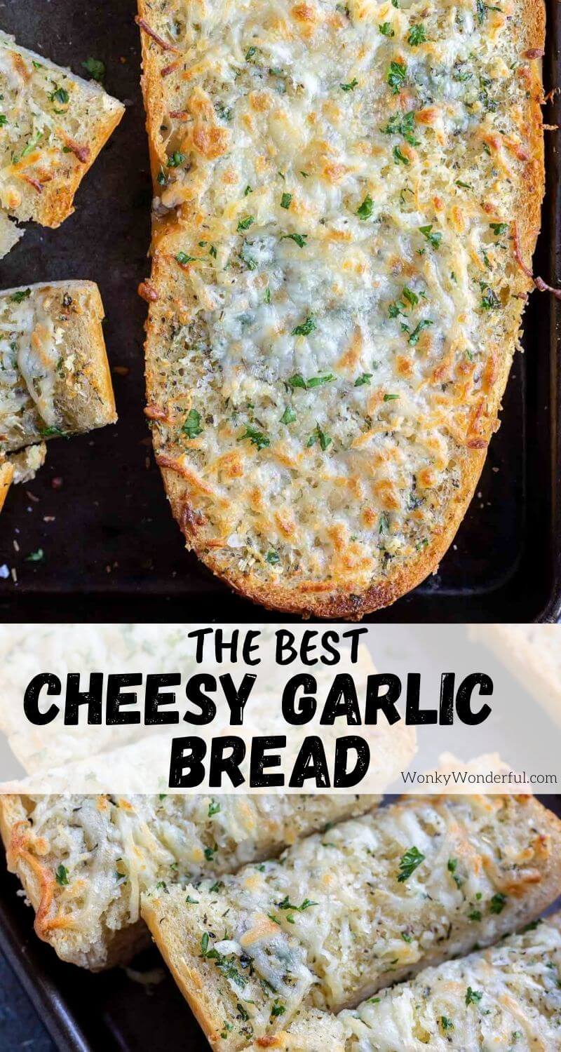 homemade garlic cheese bread pinnable image with title text