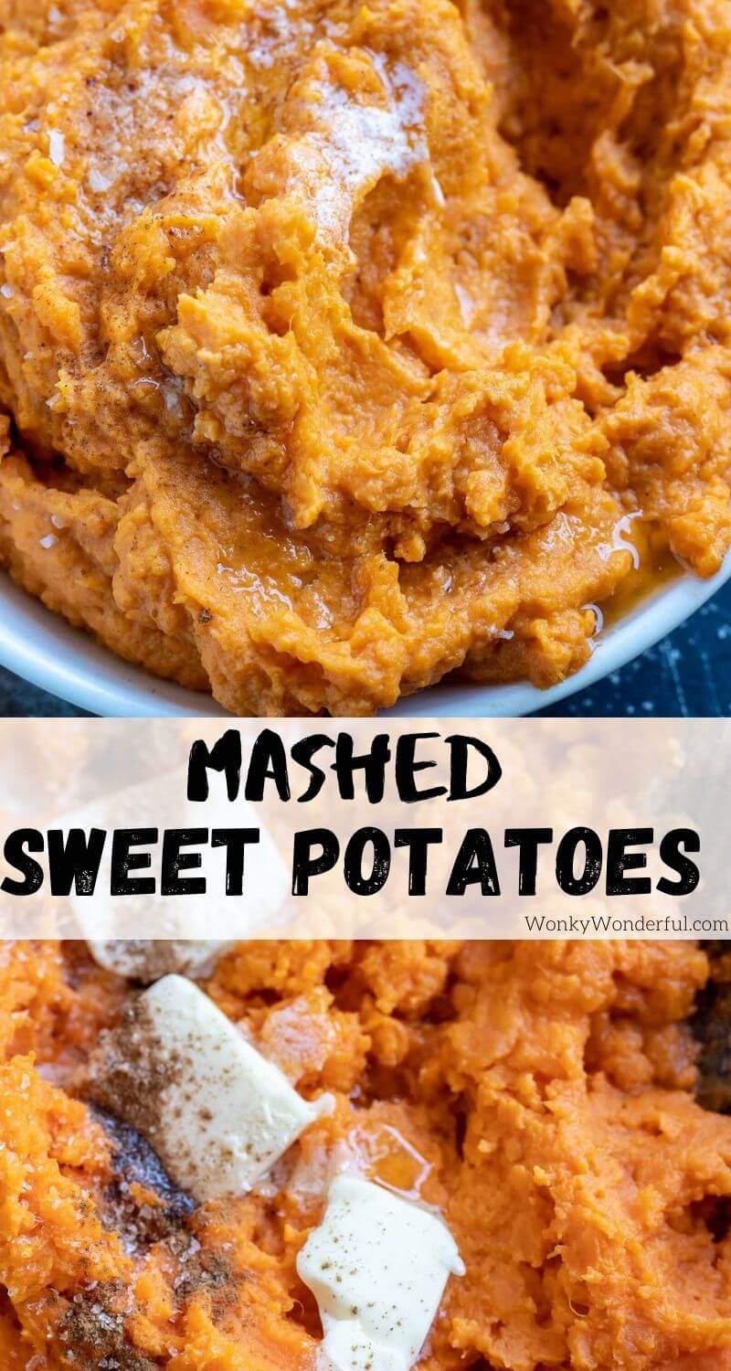 Make this Mashed Sweet Potatoes Recipe for an easy holiday or dinner side dish. Creamy Sweet Potato Mash is the perfect Thanksgiving or Christmas dish. #sweetpotatorecipes #mashedsweetpotatoes #holidayrecipes #holidaysidedishes #sidedishrecipes #thanksgivingrecipes mashed sweet potatoes pinnable image with title text