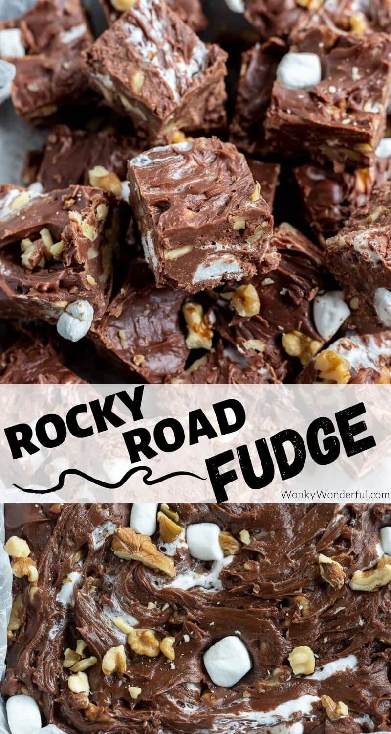 rocky road fudge pinnable photo collage with recipe title text