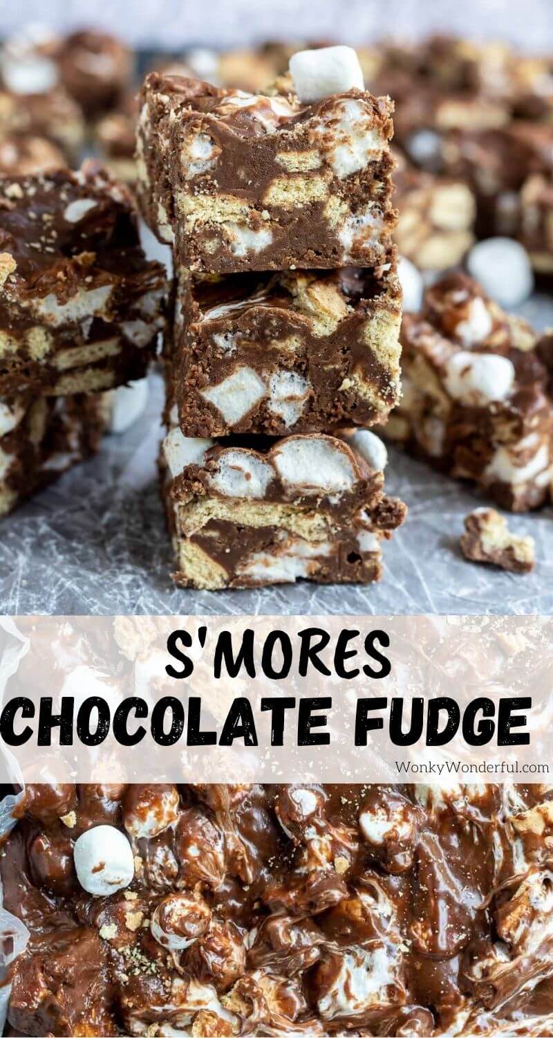 Enjoy summer flavors in a winter treat with this S'mores Chocolate Fudge Recipe. Silky fudge filled with marshmallows, and graham crackers for a fun holiday dessert. #fudgerecipes #smoresrecipes #holidayrecipes #holidaydesserts #christmasdesserts #christmasrecipes smores chocolate fudge pinnable image with title text