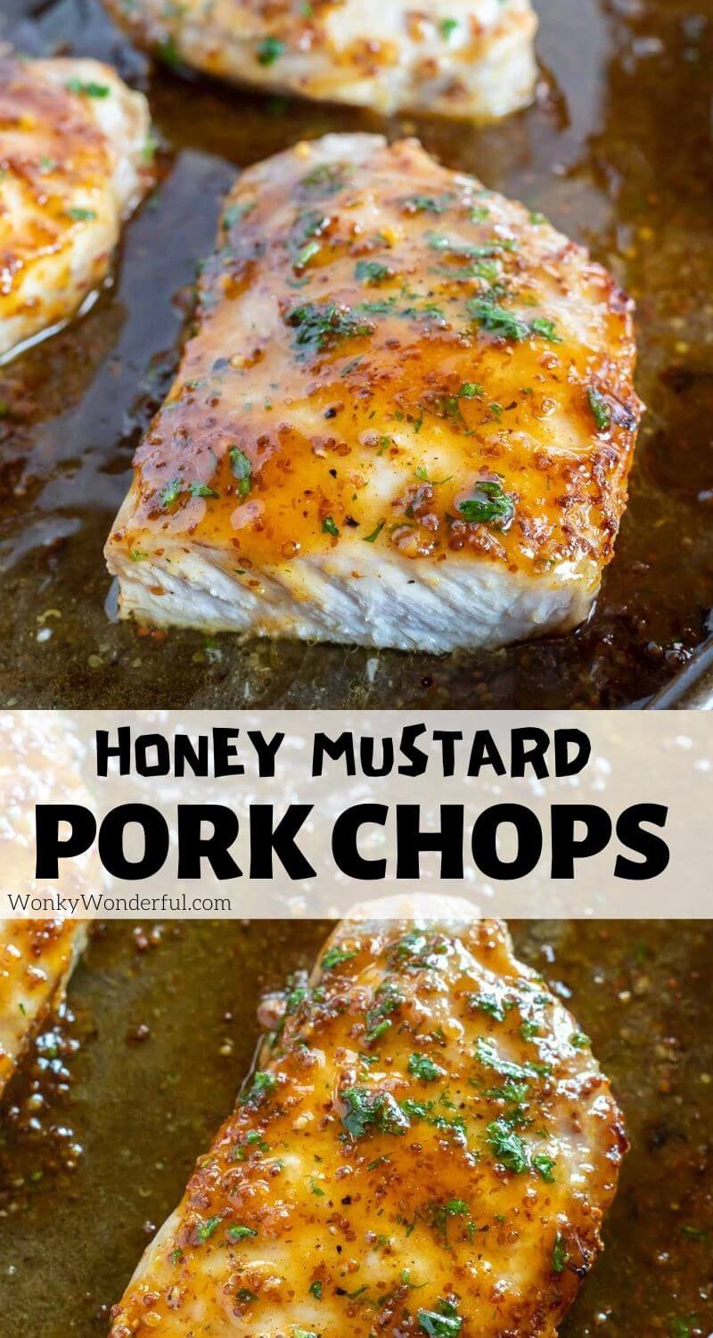 Another easy baked boneless pork chop recipe for those busy weeknights. These Honey Mustard Pork Chops are a tender, flavorful and inexpensive dinner idea. #porkchoprecipes #bonelessporkchoprecipes #honeymustardporkchops #easydinnerrecipes #dinnerrecipes honey mustard pork chops in oven pinnable image with title text