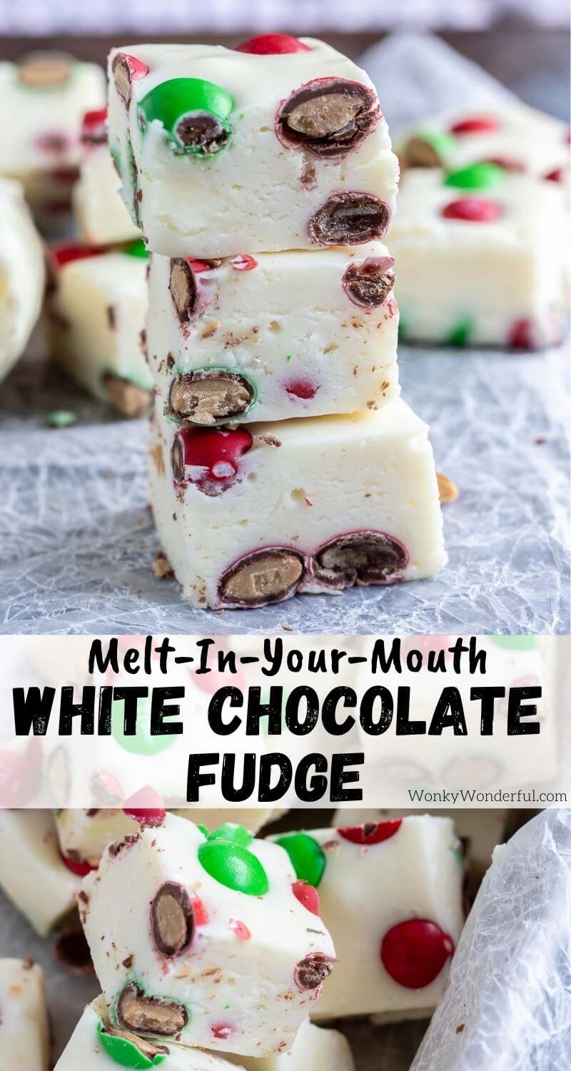 This Easy White Chocolate Fudge Recipe makes a super soft, melt in your mouth white fudge. A microwave fudge made simply with white chocolate, sweetened condensed milk and marshmallows for the ultimate holiday dessert. #fudgerecipes #christmasrecipes #whitechocolaterecipes #whitechocolatefudge #christmasdesserts white chocolate fudge pinnable image with title text