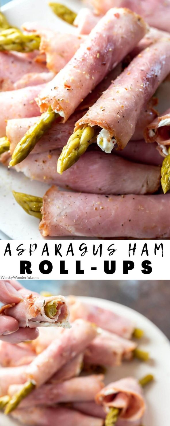 asparagus ham roll ups pinnable image with title text