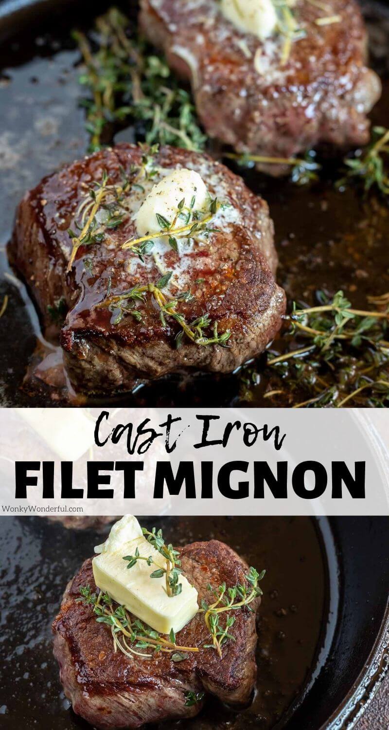 Cooking Filet Mignon in Cast Iron Pan is the easiest way. Pan seared filet mignon gets finished off in the oven for a great outer crust and juicy, tender inside. Top with herbs and butter for the ultimate steak dinner recipe. #filetmignonrecipes #filetmignon #steakrecipes #dinnerrecipes #easydinnerrecipes #lowcarbrecipes #ketorecipes cooking filet mignon cast iron pinnable image with title text