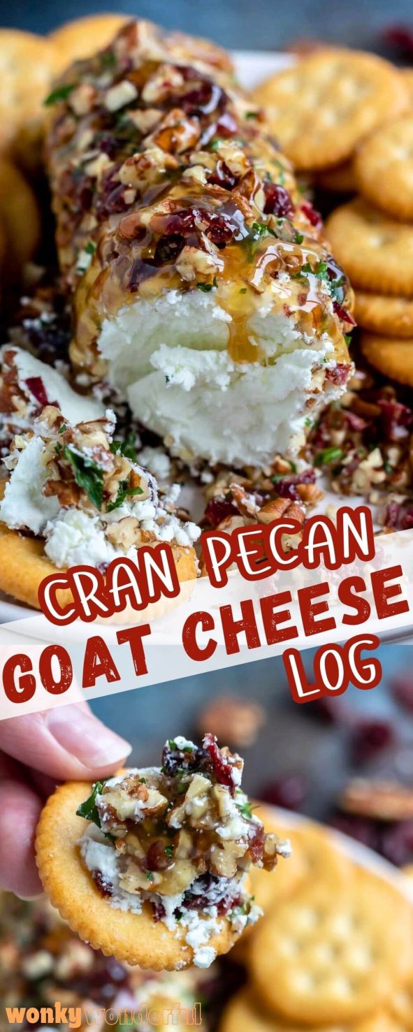 Make this Pecan Cranberry Goat Cheese Appetizer Recipe in minutes with just a few simple ingredients. A goat cheese log will stand out at holiday feasts or parties. cranberry pecan goat cheese log pinnable image