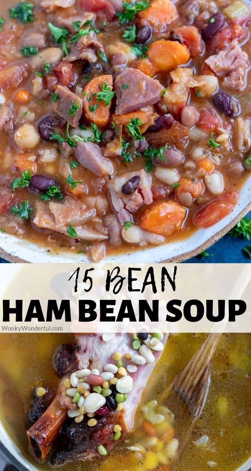 This Ham 15 Bean Soup Recipe is great wintertime comfort food. Use up those holiday ham leftovers in this ham bean soup. #hambeansoup #souprecipes #leftoverhamrecipes #beanrecipes #dinnerrecipes #easydinnerrecipes ham 15 bean soup recipe pinnable image with title text