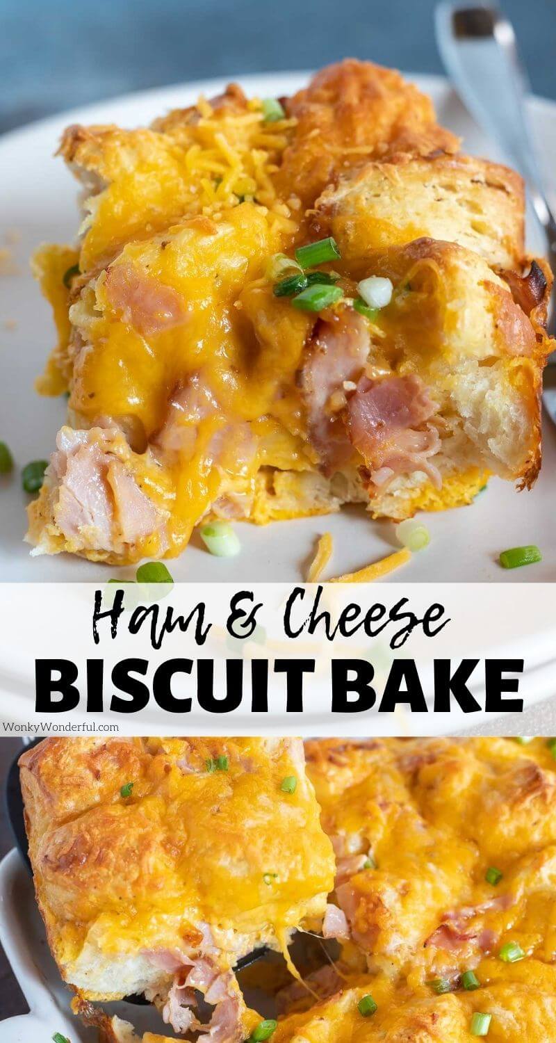 For an easy holiday breakfast recipe to feed a hungry crowd, make this Ham and Cheese Breakfast Casserole with Biscuits. Ham, cheese, eggs and biscuits baked together. Serve slathered with butter, drenched in white breakfast gravy or hollandaise sauce for the ultimate brunch or breakfast. #breakfastrecipes #casserolerecipes #breakfastcasserolerecipes #hamandcheeserecipes #hamrecipes #leftoverhamrecipes #brunchrecipes ham and cheese breakfast casserole with biscuits