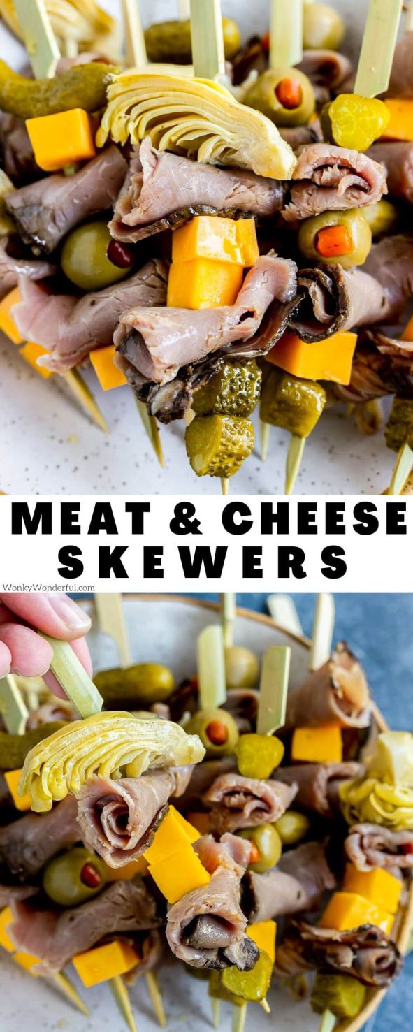 meat and cheese skewers pinnable image with title text