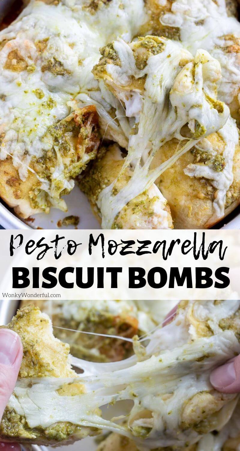 Pesto Mozzarella Cheese Bombs are a simple side dish, appetizer or snack. Canned biscuits stuffed with mozzarella then topped with pesto and more cheese. These pull-apart cheese stuffed biscuits will be a favorite! #cheesebombs #stuffedbiscuits #sidedishrecipes #cheesebiscuits #pestorecipes #appetizerrecipes pesto mozzarella cheese bombs pinnable image with title text
