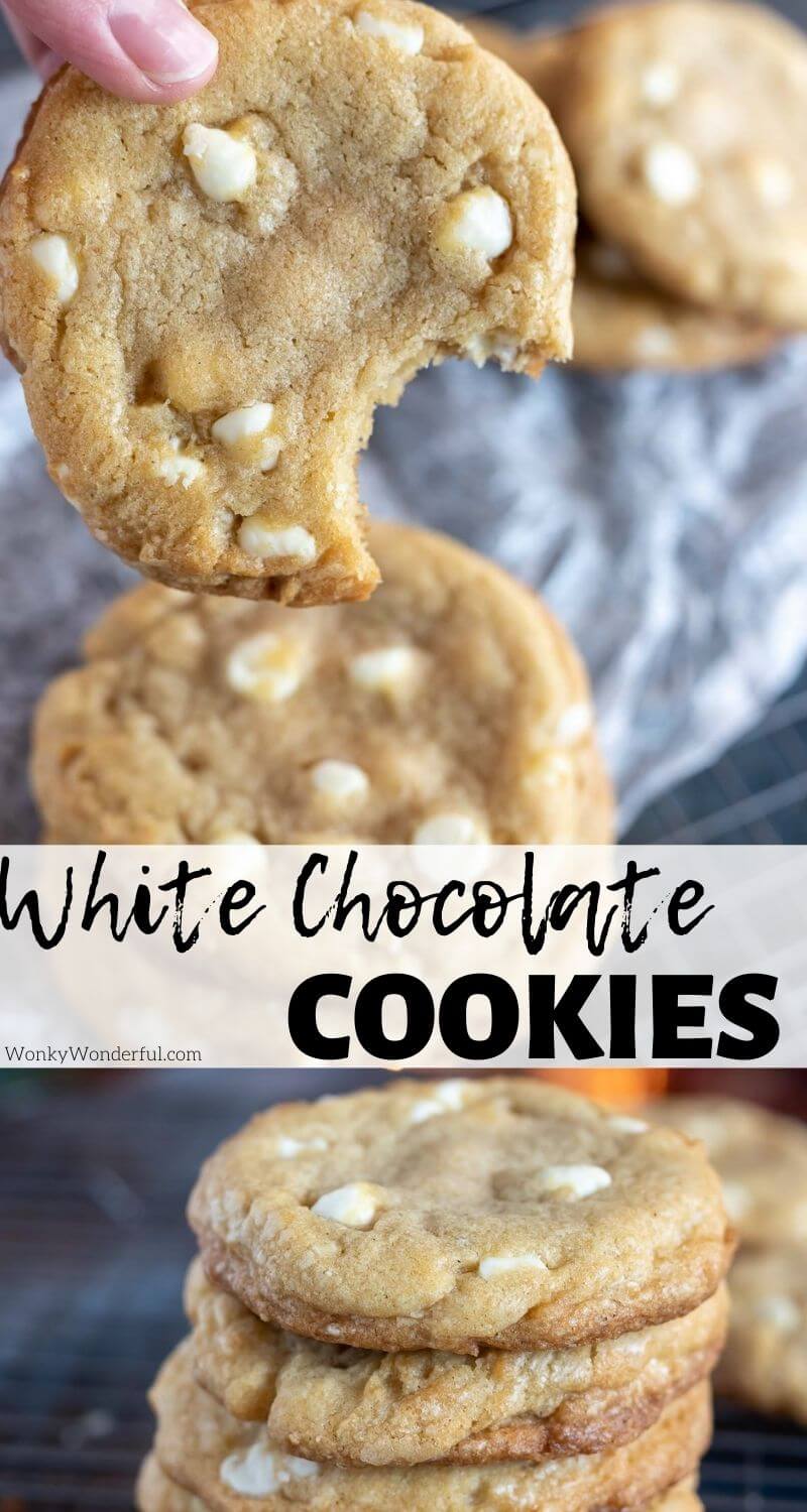 This White Chocolate Chip Cookie Recipe is an easy cookie recipe that produces soft slightly chewy cookies. #cookierecipes #holidayrecipes #whitechocolatechipcookies #whitechocolatecookies #dessertrecipes white chocolate chip cookie recipe pinnable image with title text