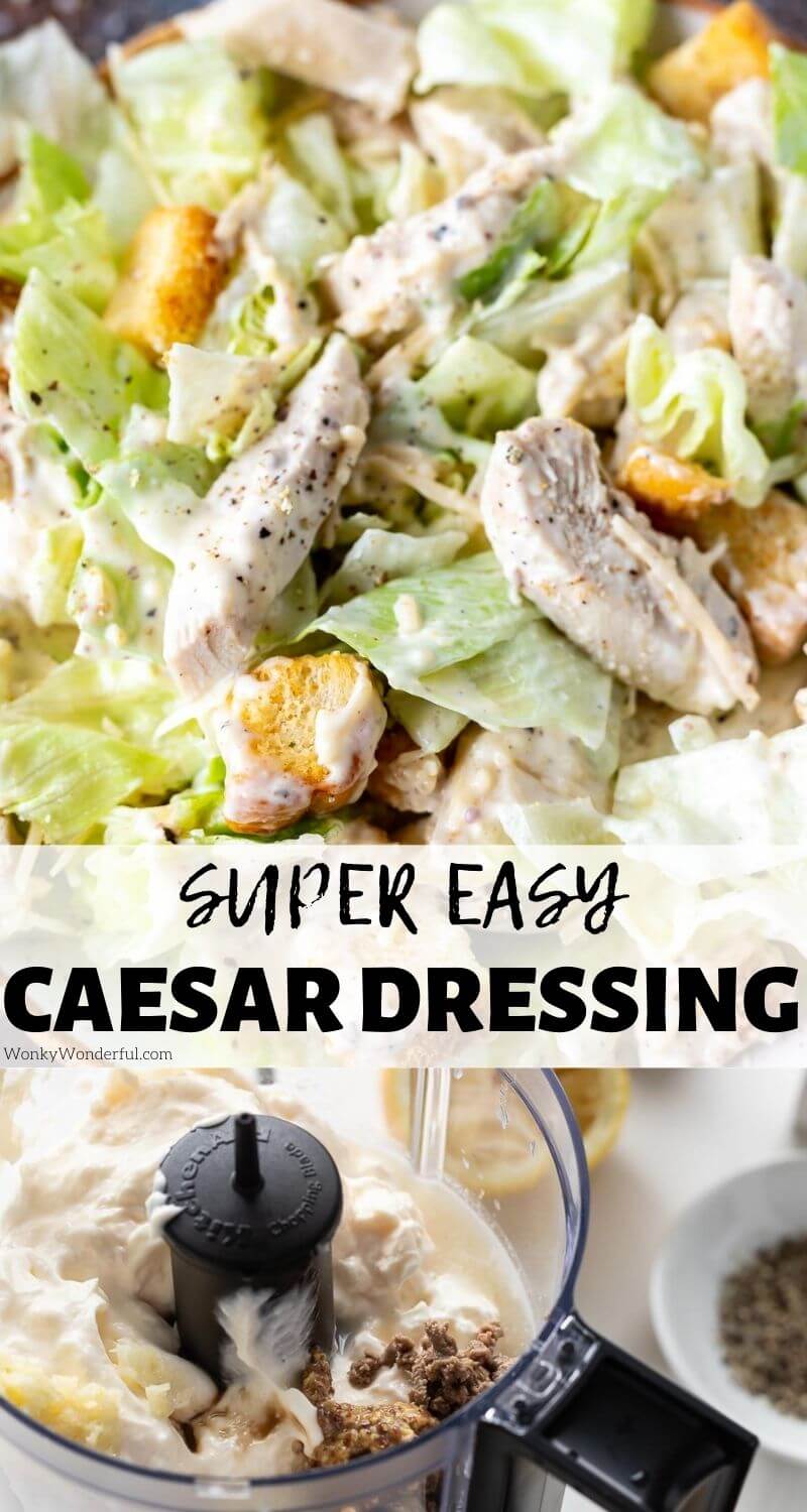 This Homemade Caesar Dressing Recipe is quick, easy and so much better than store bought. With a few simple ingredients you can make this Creamy Caesar Salad Dressing and adjust the ingredients to fit your personal preference. #caesardressing #homemadecaesardressing #dressingrecipes #saladrecipes #caesarsalad #healthyrecipes homemade caesar dressing pinnable image with title text
