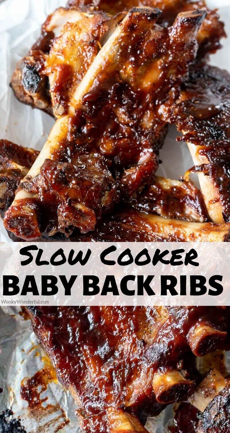 This Slow Cooker Baby Back Ribs Recipe has got to be the easiest way to cook ribs. Just coat the pork ribs with dry rub, cook them low and slow in the crockpot then slather with sauce and broil. Juicy, trendy, fall of the bone ribs! #slowcookerrecipes #crockpotrecipes #slowcookerribs #crockpotribs #porkribrecipes slow cooker baby back ribs pinnable image with title text