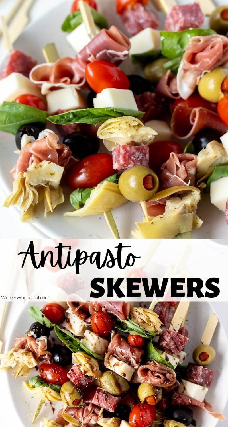 Make these Easy Antipasto Skewers for a party appetizer, game-day or holiday feasts. All your favorite charcuterie bites skewered onto sticks for a fun finger food. #appetizerrecipes #antipastorecipes #charcuterierecipes #appetizers #partyfood antipasto skewers pinnable image with title text