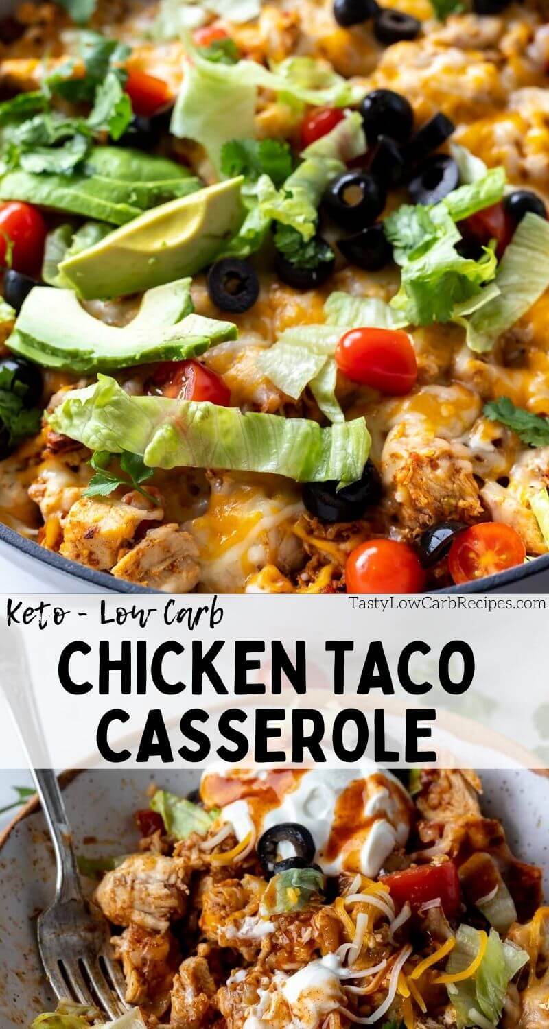 Low Carb Chicken Taco Casserole is a filling dinner recipe for the whole family. Cauliflower rice and chicken with all the taco flavor and toppings. #casserolerecipes #tacocasserolerecipes #lowcarbrecipes #ketorecipes low carb chicken taco casserole pinnable image with title text