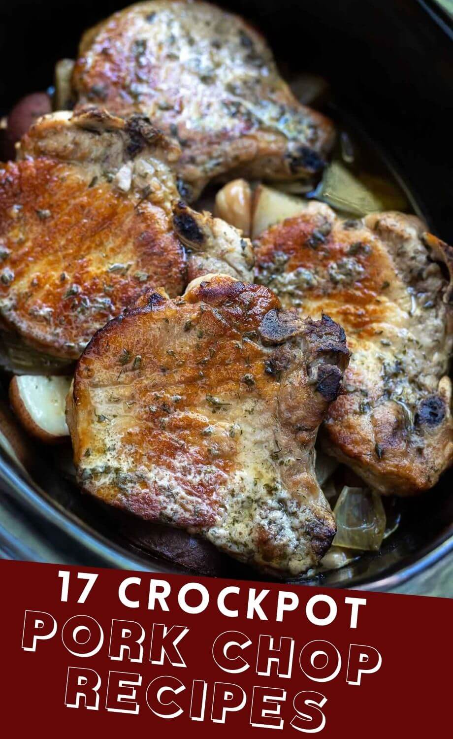 crockpot pork chop pinnable image with title text