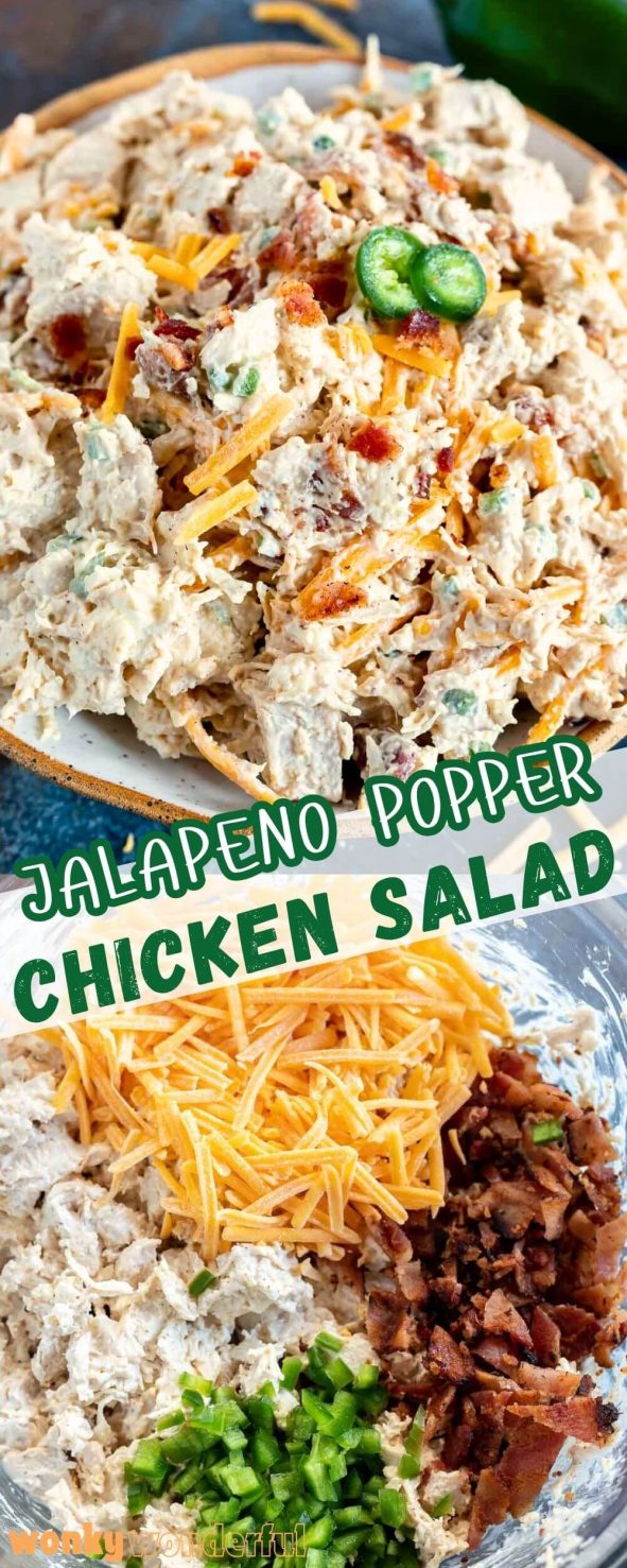 This Jalapeno Popper Chicken Salad Recipe is a quick, easy low carb lunch or dinner. Chicken salad dressed up with cream cheese, cheddar, bacon and jalapeño. jalapeno popper chicken salad pinnable image