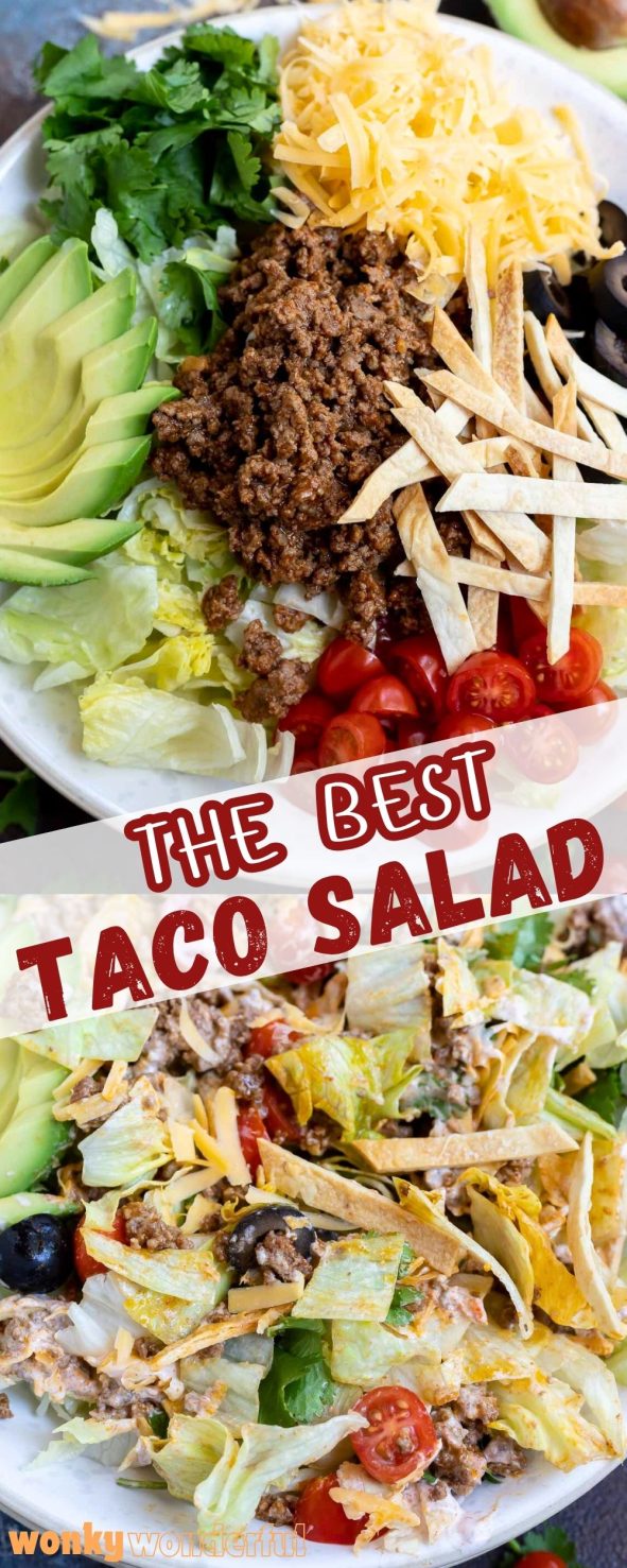 Craving Mexican food for dinner? Make this Taco Salad Bowl and enjoy Taco Tuesday. Low carb options as well. taco salad bowl pinnable image