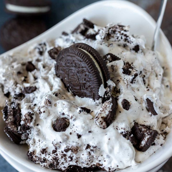 creamy oreo dessert in white bowls