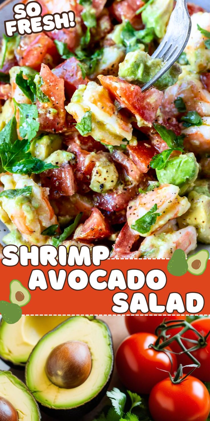 This Shrimp Avocado Salad Recipe is naturally low carb without sacrificing any flavor. Fresh tomatoes, avocado and shrimp in a tangy lime dressing. Perfect as a side dish or main course. shrimp avocado salad pinnable image