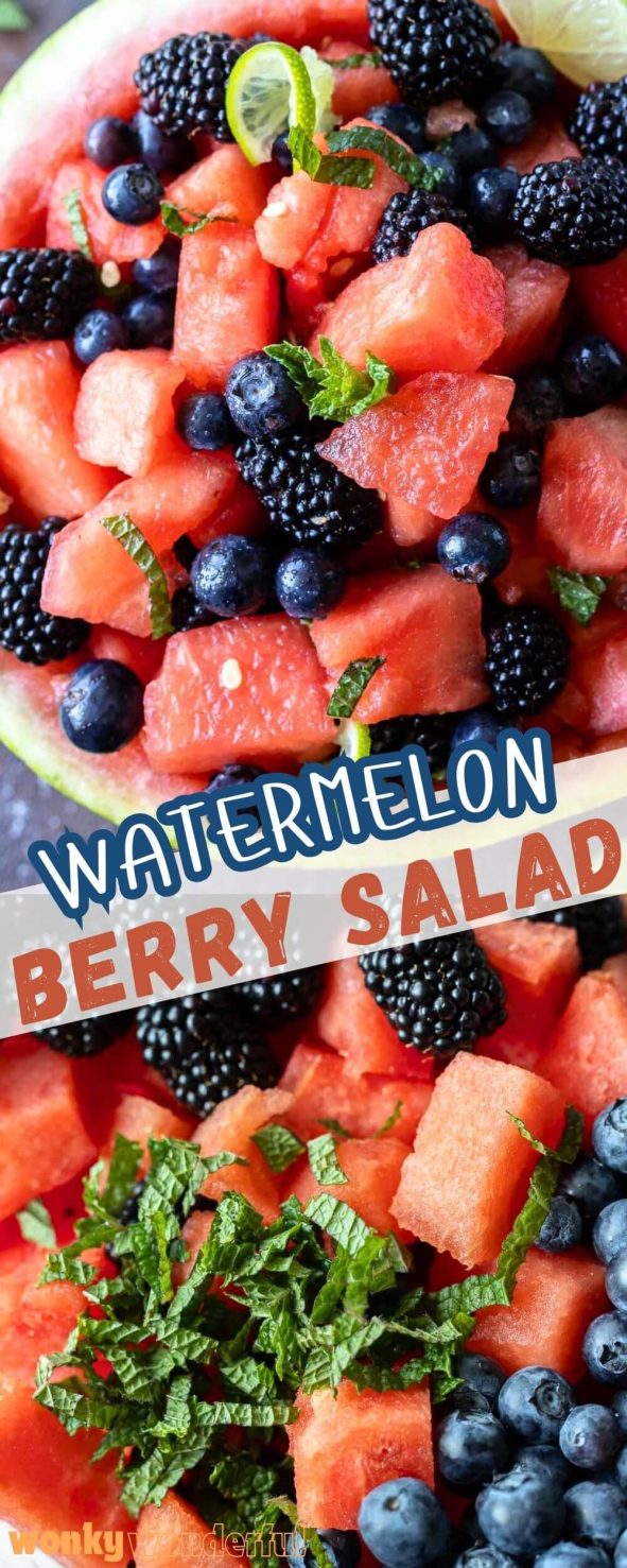 This Berry Watermelon Salad with Lime and Mint is fresh summer flavor all in one bowl. Juicy watermelon, blueberries, blackberries and mint tossed in a honey lime dressing is the ultimate summertime fruit salad. watermelon berry salad pinnable image