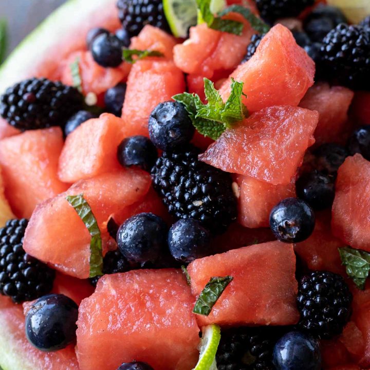 watermelon berry salad in hollowed out watermelon rind