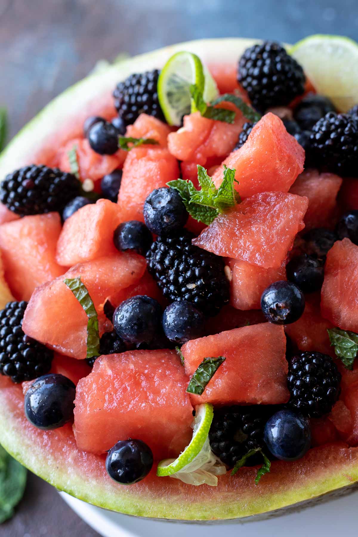 watermelon berry salad in hollowed out watermelon rind