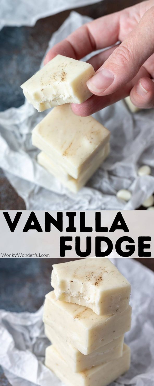 This Vanilla Fudge Recipe is so quick and easy to make. White chocolate microwave fudge with flecks of flavorful vanilla beans will be a holiday dessert favorite. #fudgerecipe #vanillafudge #microwavefudge #holidayrecipes #fudgerecipes #christmasrecipes vanilla fudge pinnable image with title text